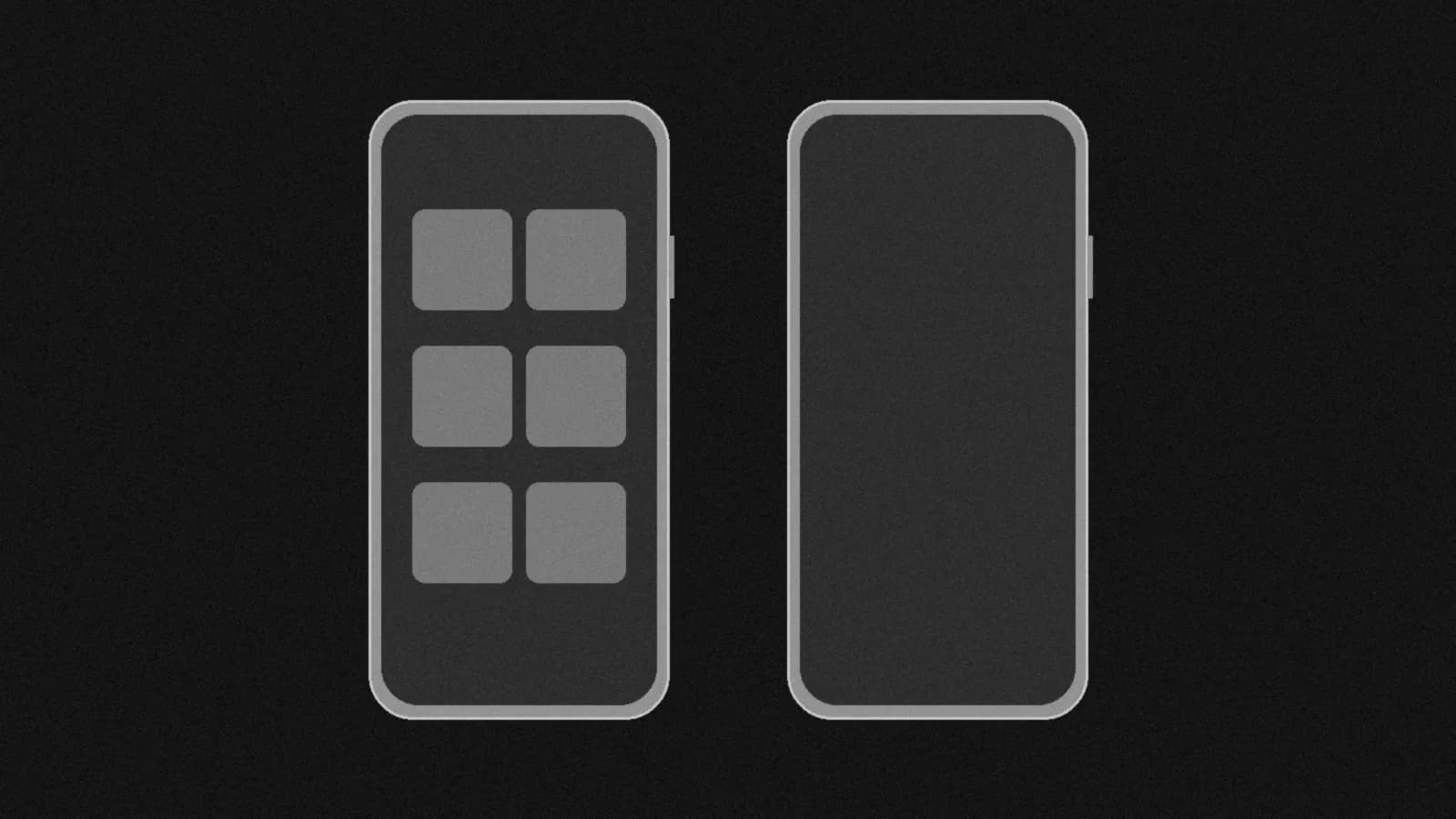 Illustration: two blank phones side by side, the left screen showing a grid of tiles and the right screen empty, in black and white.