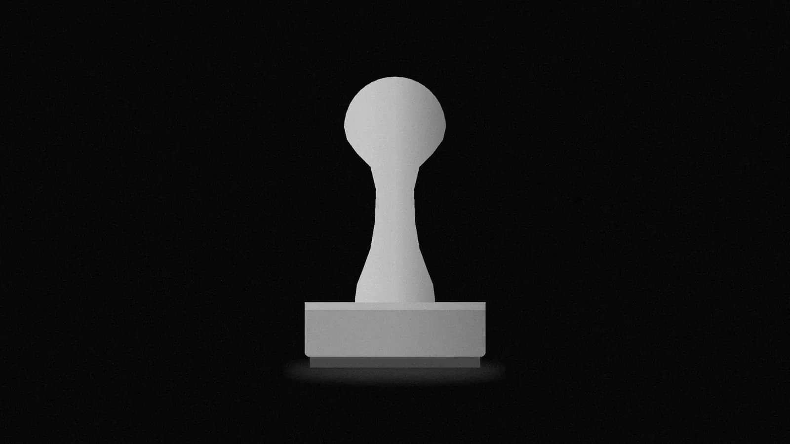 Illustration: a rubber stamp with a round-knobbed handle standing upright on its block, seen straight-on, drawn in grey on black.