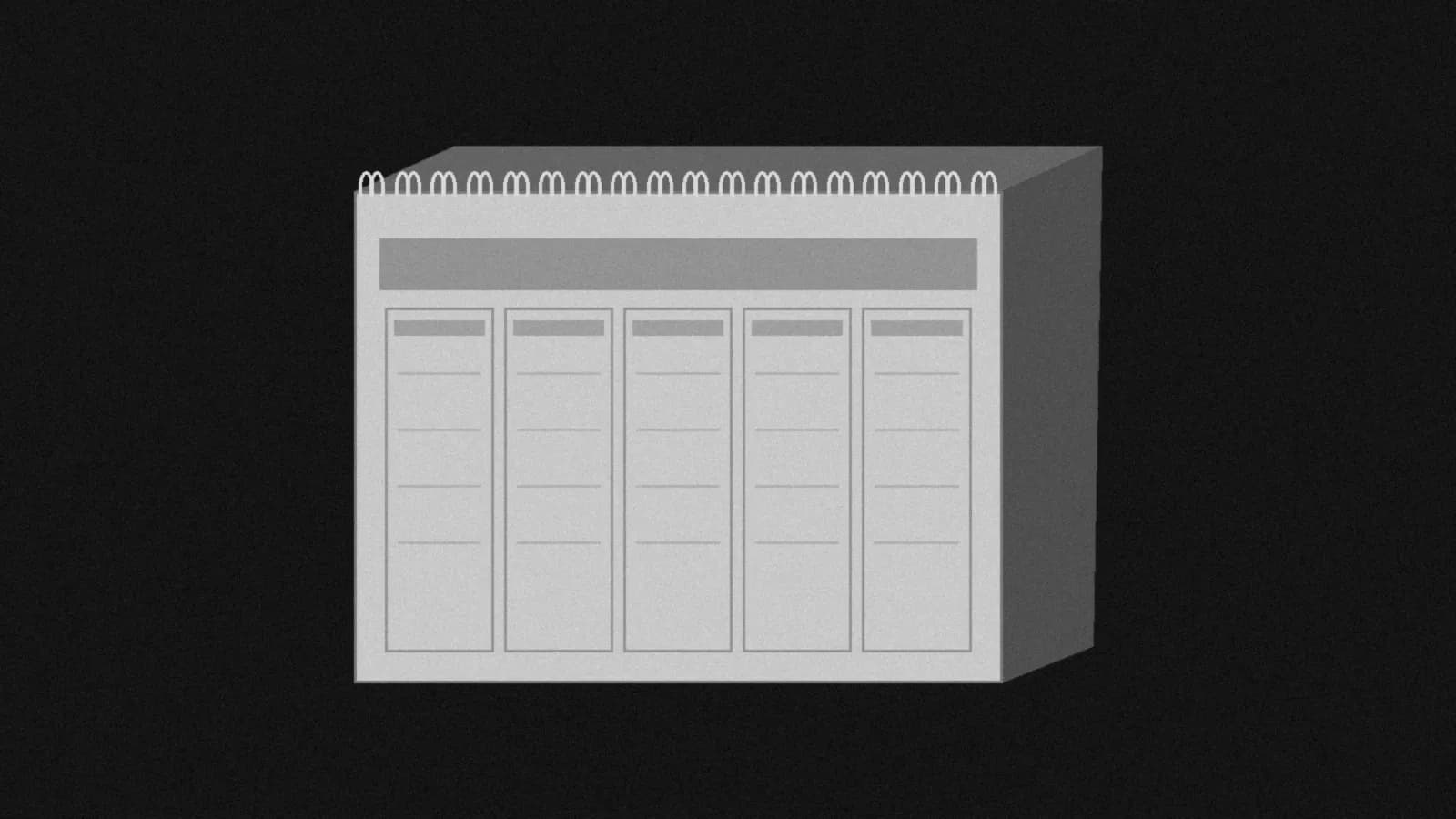 Illustration: a wire-bound desk tent calendar showing a blank five-day week page, in black and white.