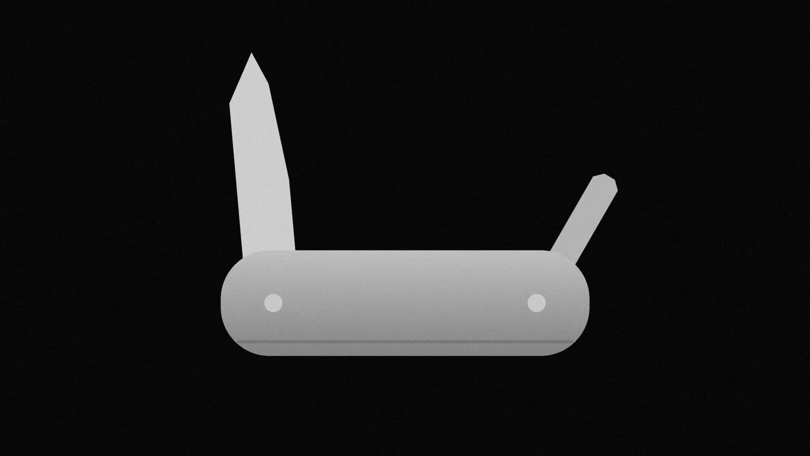 Illustration: a plain pocket multi-tool seen from the side, its long blade and one short tool opened upward, drawn in grey on black.