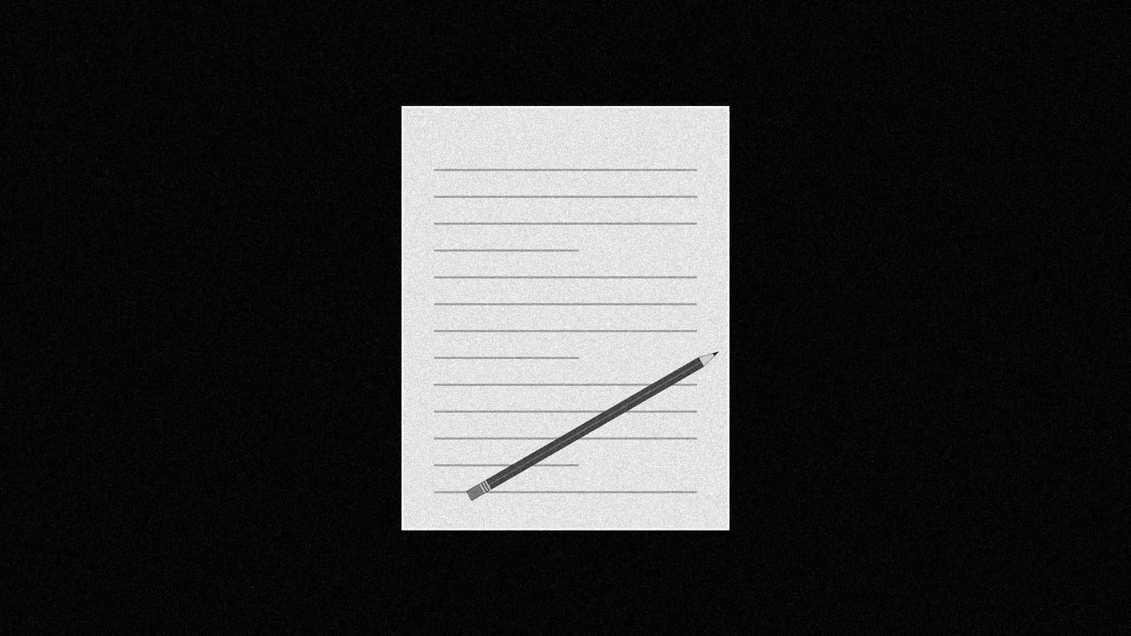 Illustration: a single blank ruled sheet of paper seen from above with a pencil lying across it, black and white with grain