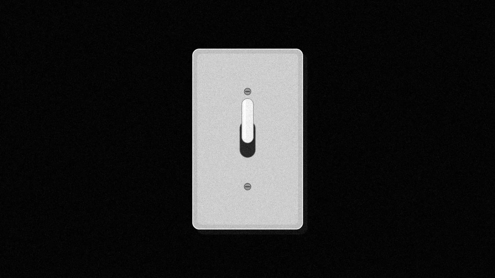 Illustration: a plain wall light switch plate with its toggle lever flipped up, drawn in grey on black.