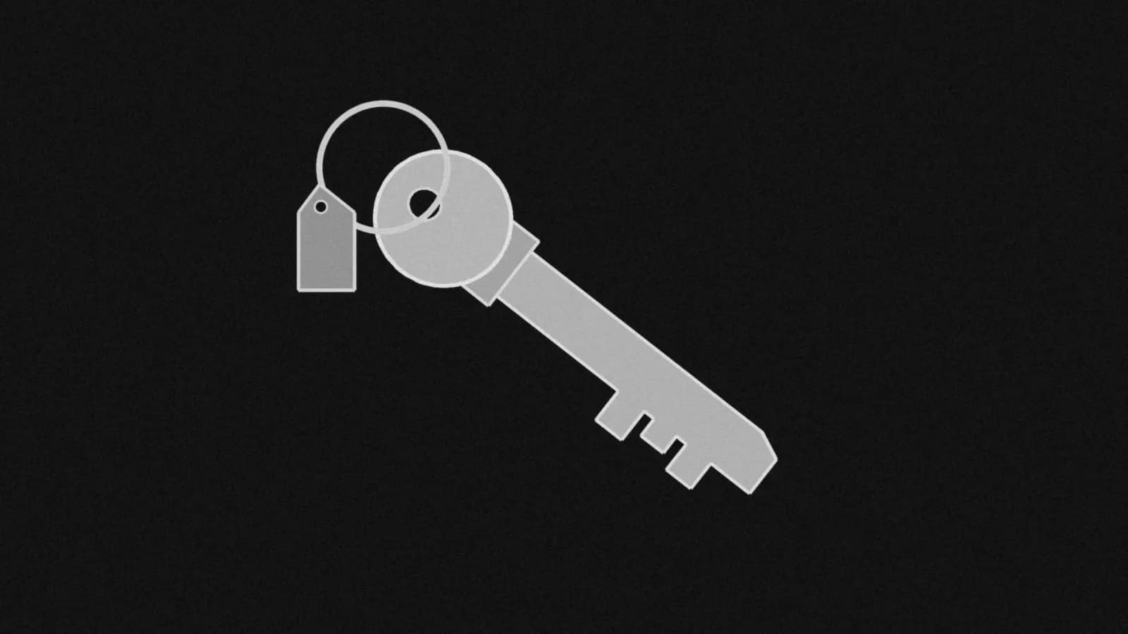 Illustration: a plain door key on a ring with a small blank tag, drawn in grey on black.