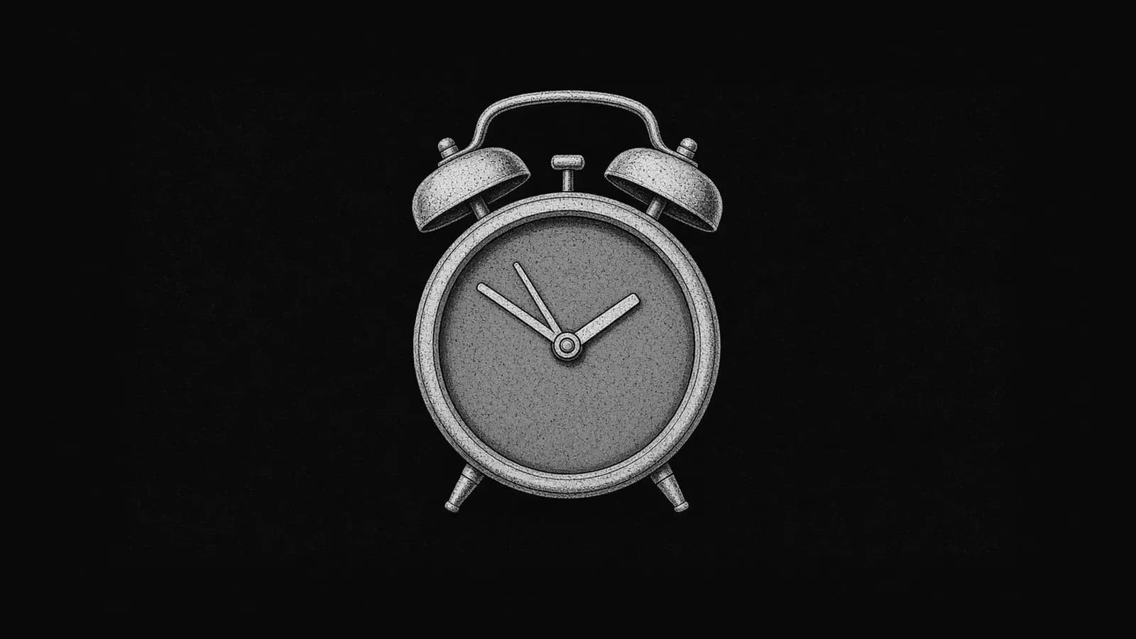 Illustration: an analog twin-bell alarm clock with a blank dial, standing on two short feet, in black and white.