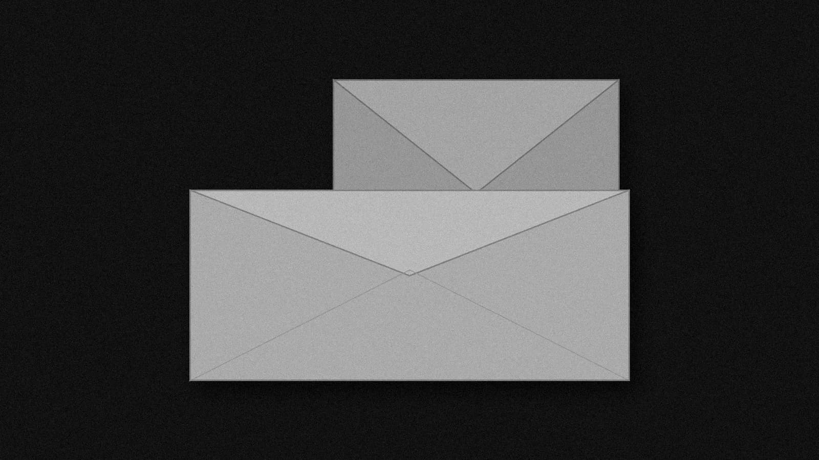 Illustration: a long business envelope in front of a smaller, squarer envelope, both flap side up and closed, in black and white.