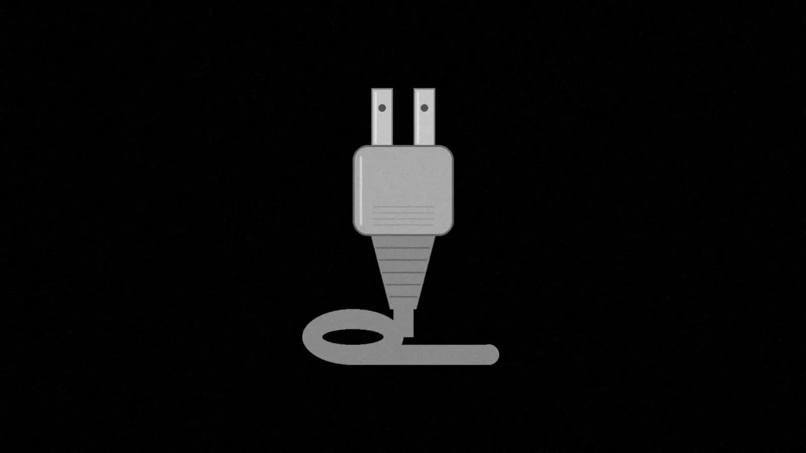 Illustration: a two-blade power plug standing upright, its cord curling into a loose loop at the base, on black.