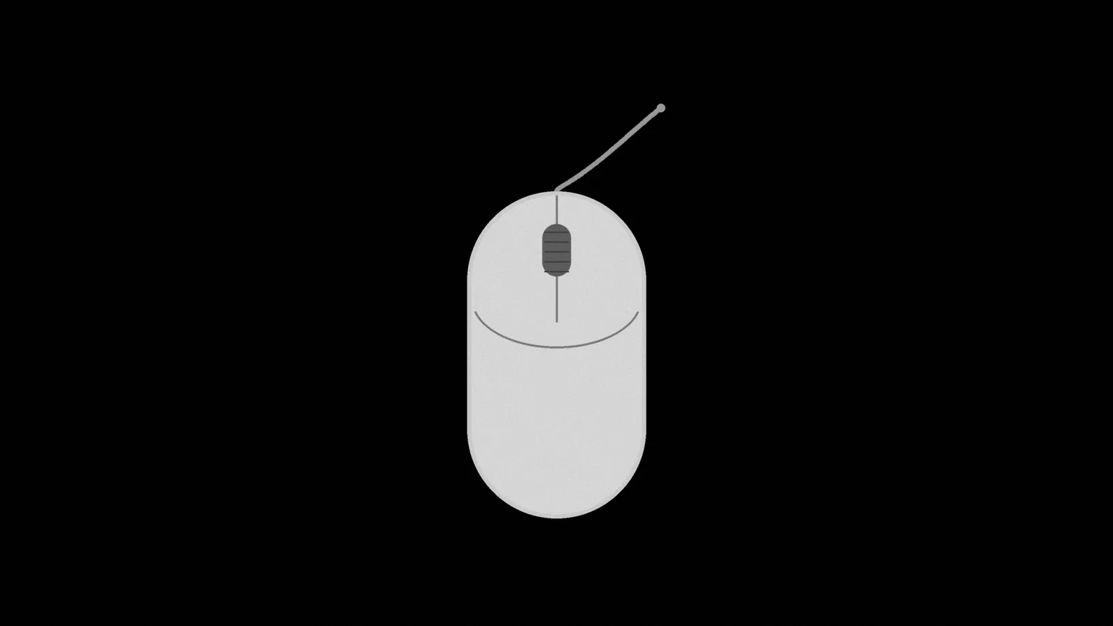 Illustration: a plain corded computer mouse seen from above, its short cord curving up and away from the front end, in black and white.