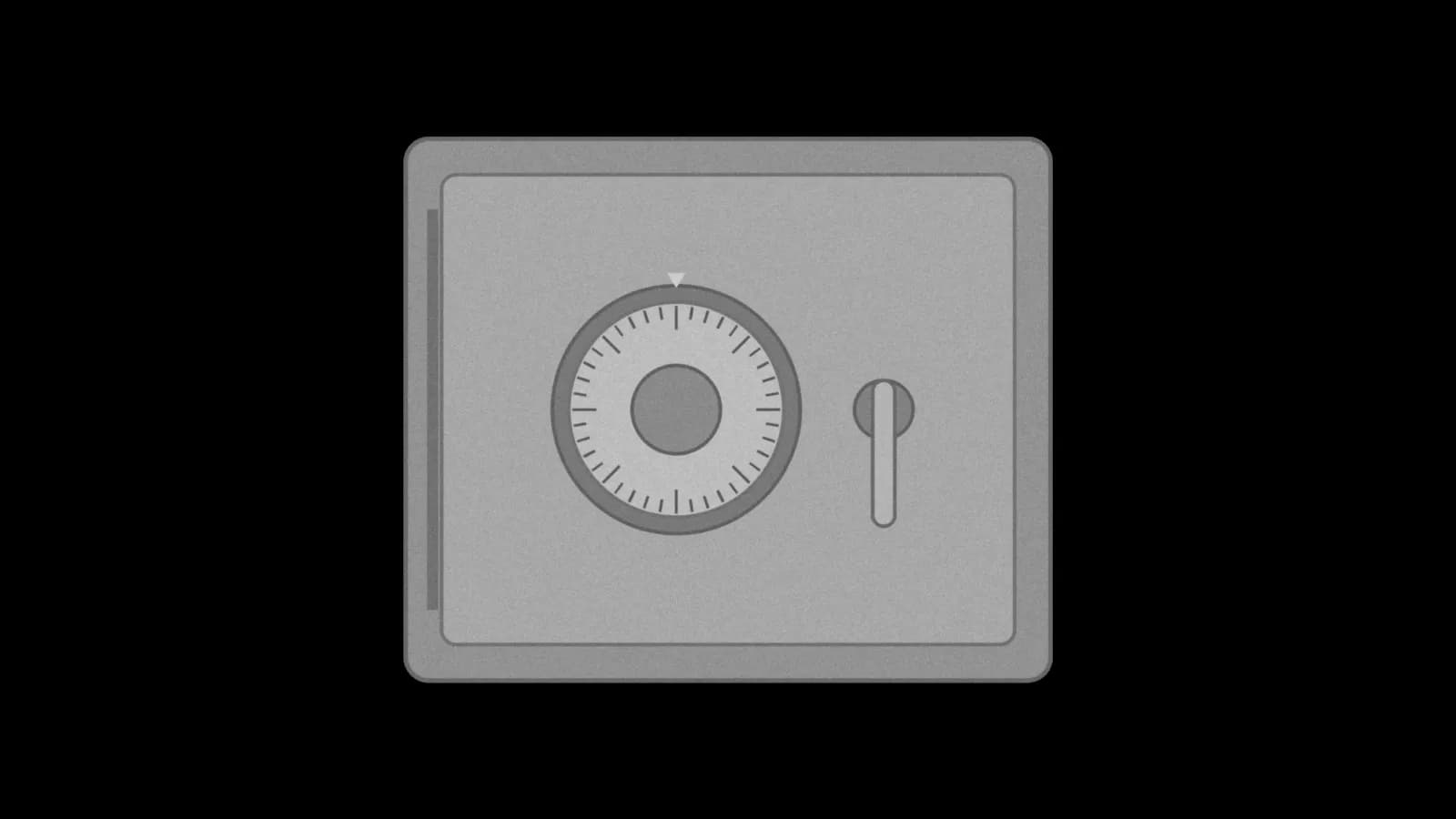 Illustration: a small closed safe seen straight on, with a round combination dial and a lever handle, in black and white.