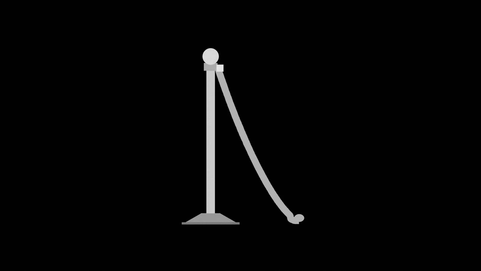 Illustration: a ball-top rope stanchion seen straight-on, its rope still hooked at the top but let down and lying on the floor, in black and white.