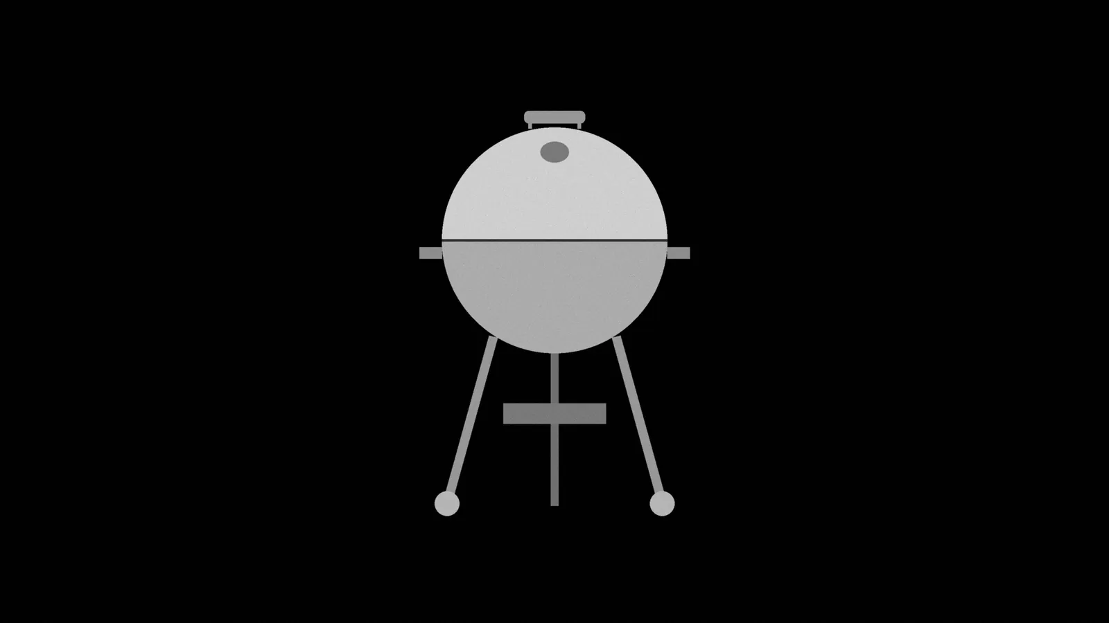 Illustration: a round charcoal kettle grill with its lid closed, standing on three legs with two wheels, seen straight-on, in black and white.