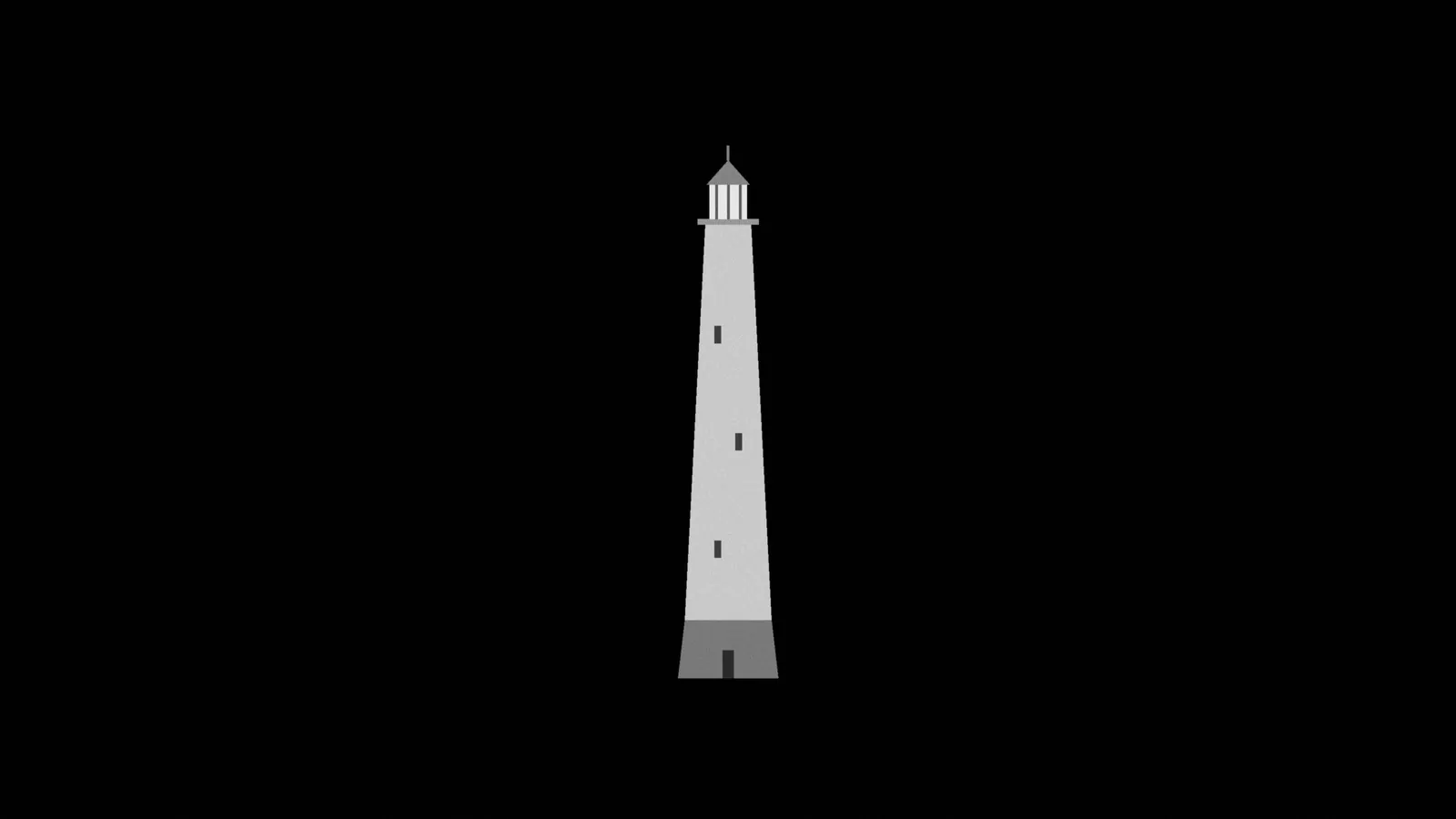 Illustration: a plain lighthouse seen straight-on, a tapering tower on a wider base with a glazed lantern room at the top, in black and white.