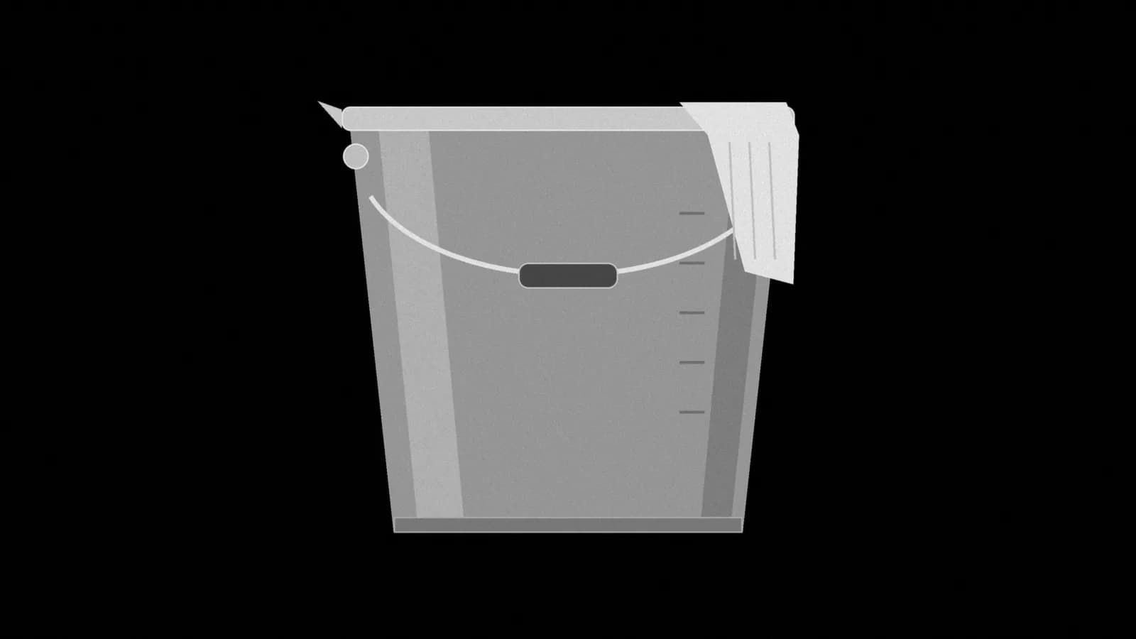 Illustration: a round utility bucket seen straight-on, its wire handle down and a folded cloth hanging over the rim, in black and white.
