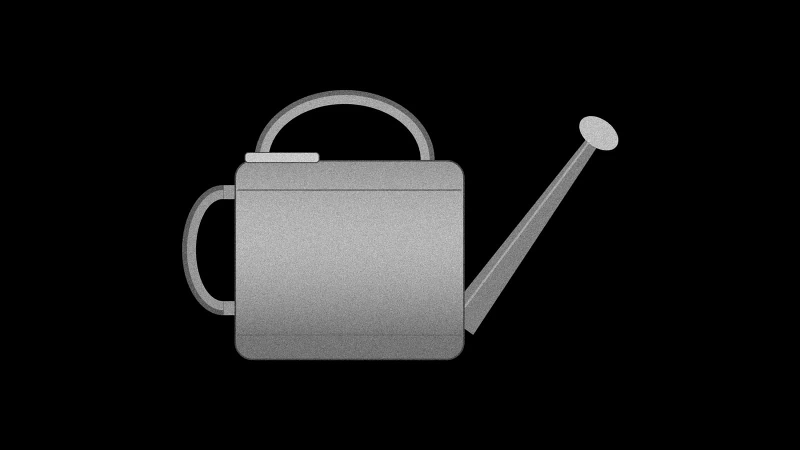 Illustration: a metal watering can seen from the side, its long spout ending in a round rose head, in grey on black.