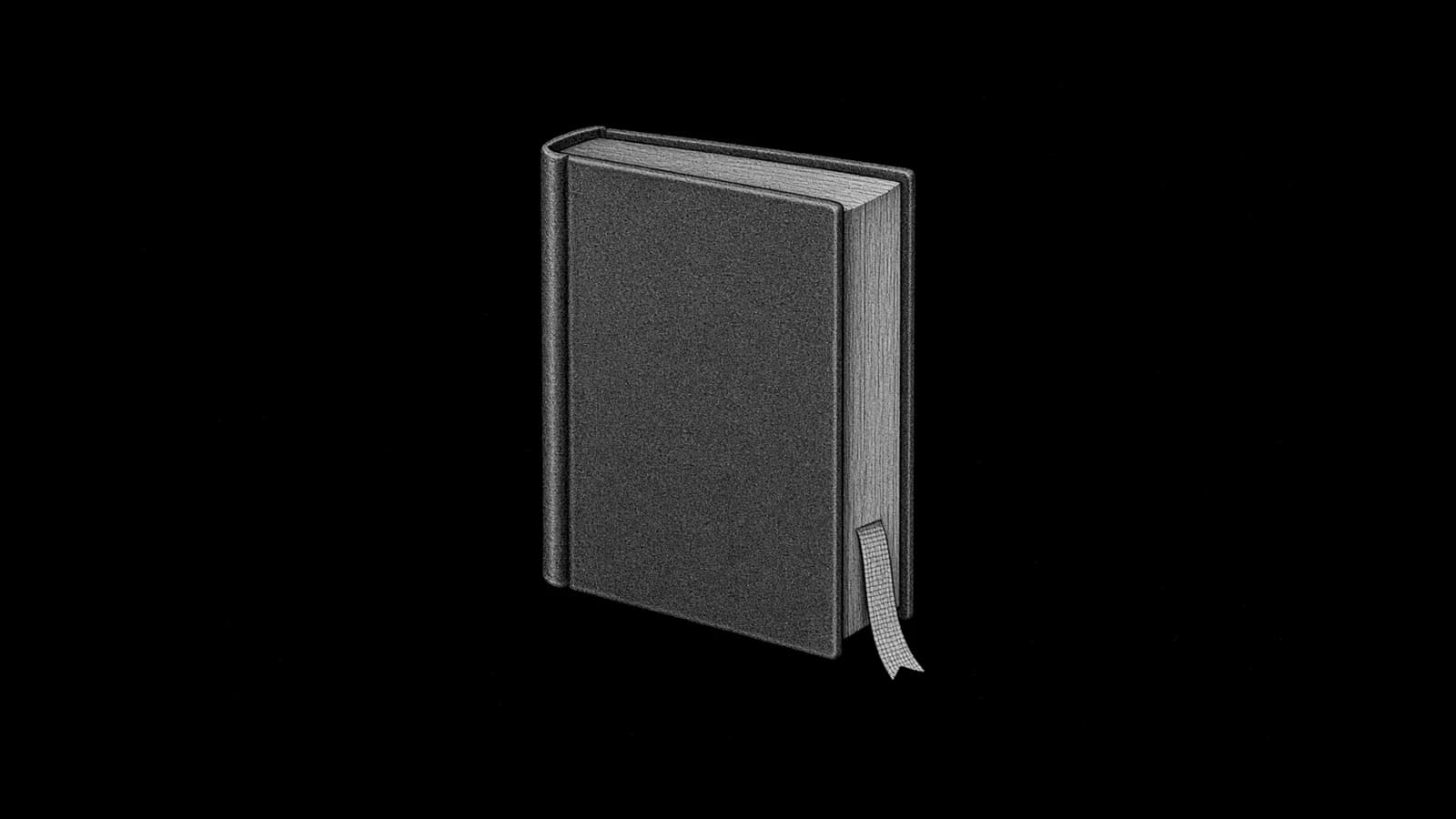 Illustration: a closed hardcover book standing upright in three-quarter view, a single ribbon bookmark hanging from its pages, in black and white.