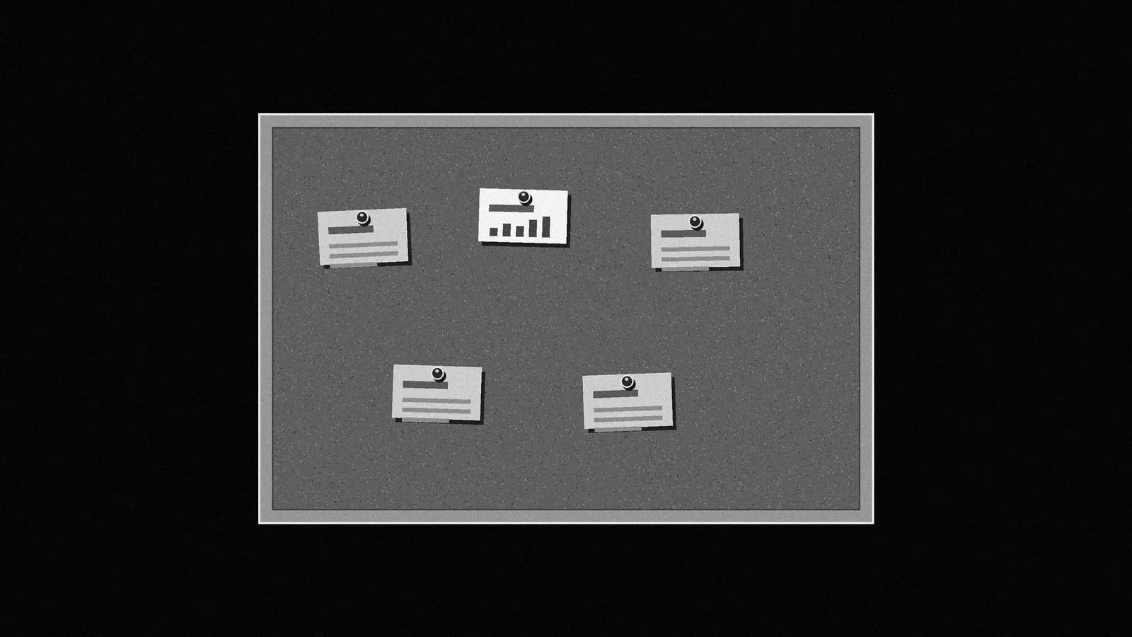 Illustration: a framed cork bulletin board seen straight-on, with five blank index cards held by push pins, in black and white with grain