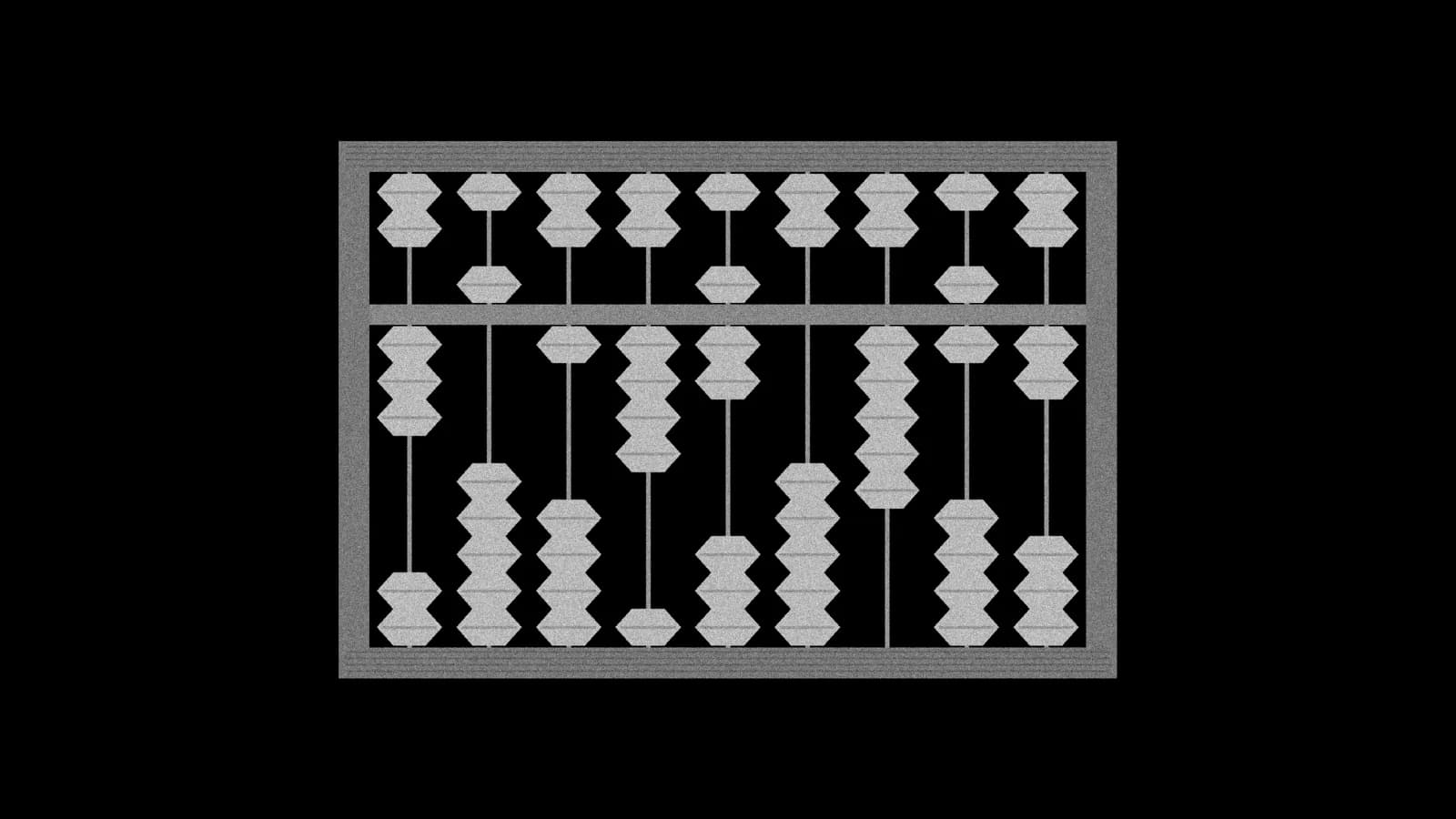 Illustration: a wooden counting abacus seen straight-on, some beads pushed toward the center beam, in grey on black.